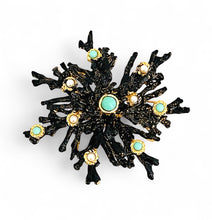 ONLY 1 LEFT!!! ✨BLACK with Turquoise Color & Pearl Snowflake Coral Like 🪸 Statement BROOCH 🧷 Approx 3.5” in GOLD ⭐️