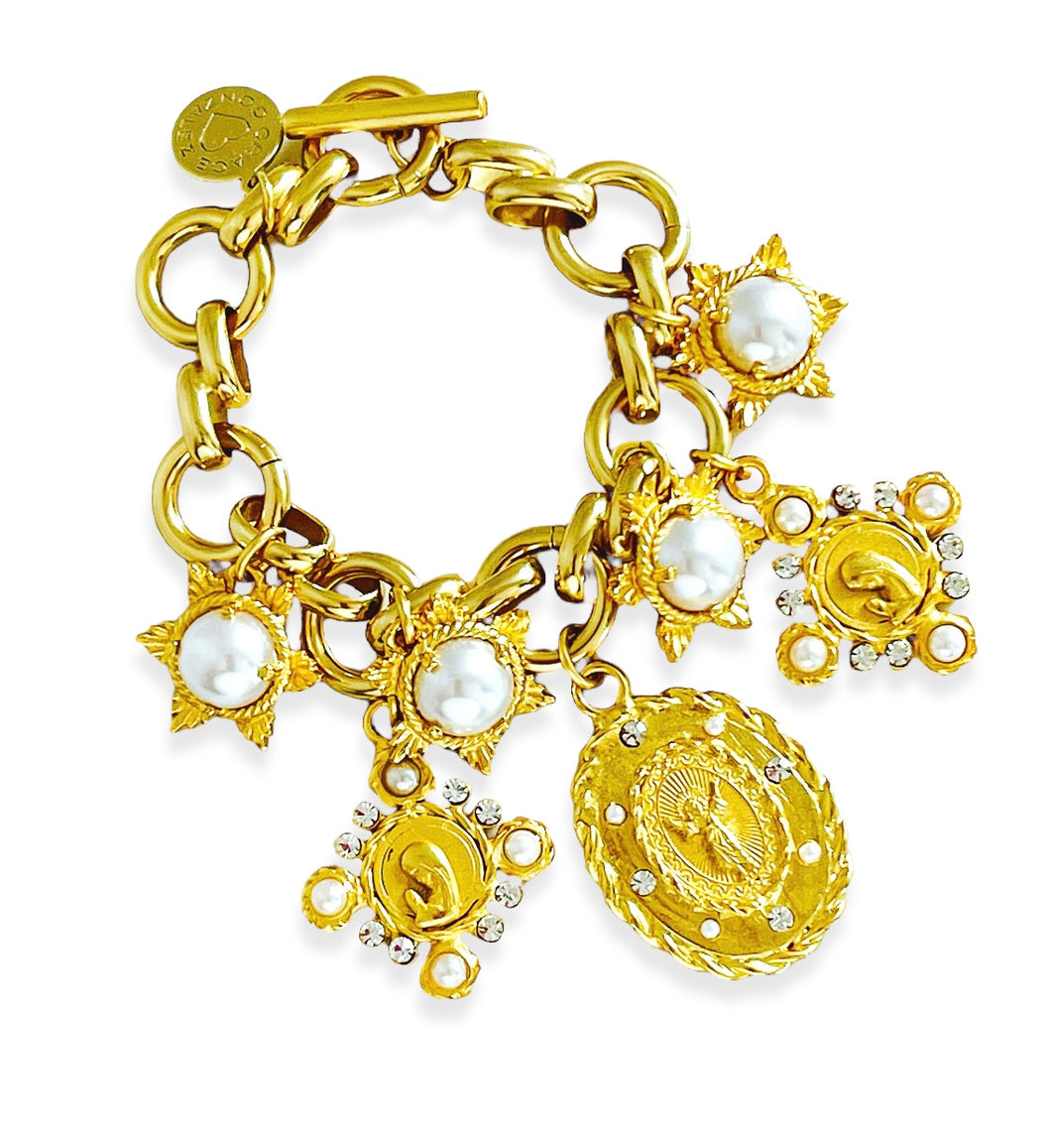 “Divino Niño” & “Virgen Niña” Charm Bracelet with ISABELA Chain ✨ Pearl & CZ Inlay ✨ Choose Bracelet Length Below