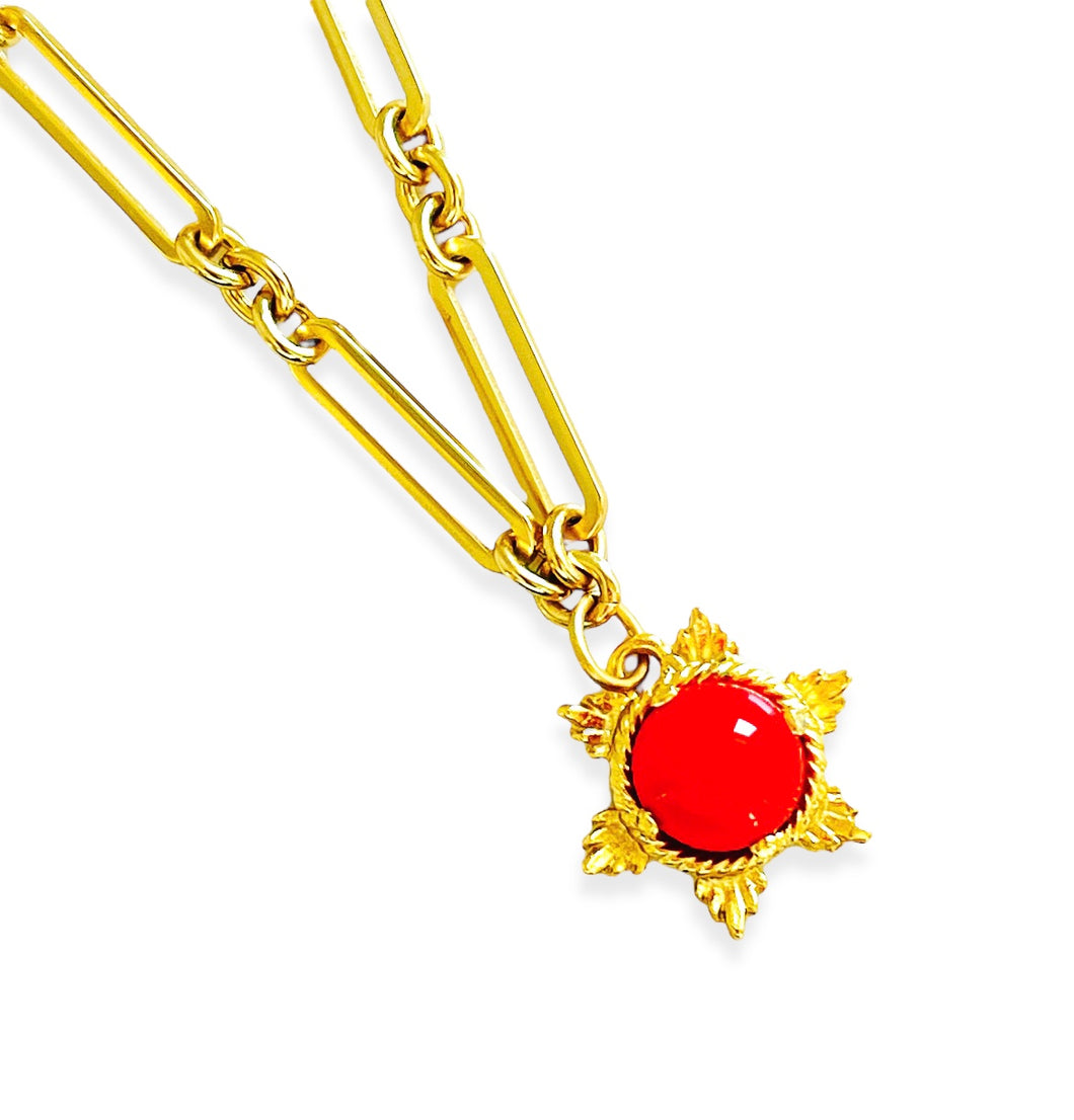 Sun Rays Coral-Like Color Cabochon Short Necklace