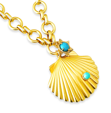 Golden Clamshell Chunky Chain with Sun ☀️ Turquoise Cabochon ✨ Short Necklace 16”-18”