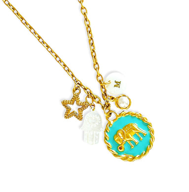 ONLY 3 LEFT!!! Elephant 🐘 in Turquoise 🪬 with Hamsa & Star 🌟 Charms✨ Short Necklace 16”-18” ✨ Choose Initial Below ⬇️