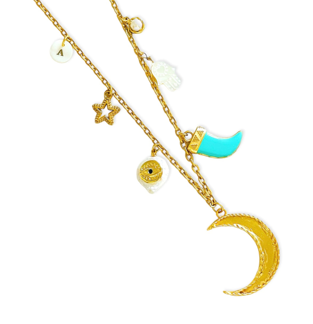 ONLY 2 LEFT!!! Moon 🌙 Charm with Star 🌟 Tusk-Like Charm 🧿✨ Short Necklace 16”-18” ✨ Choose Initial Below ⬇️