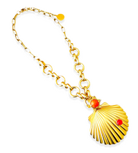 Golden Clamshell Chunky Chain with Sun ☀️ Coral Cabochon ✨ Short Necklace 16”-18”