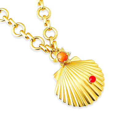 Golden Clamshell Chunky Chain with Sun ☀️ Coral Cabochon ✨ Short Necklace 16”-18”