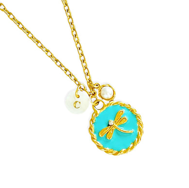 Dragonfly with Turquoise Enamel with CAMILA Chain ✨Short Necklace 16”-18”✨ & FreshWater Shell Initial with Gold Lettering ✨ Choose Initial Below ⬇️