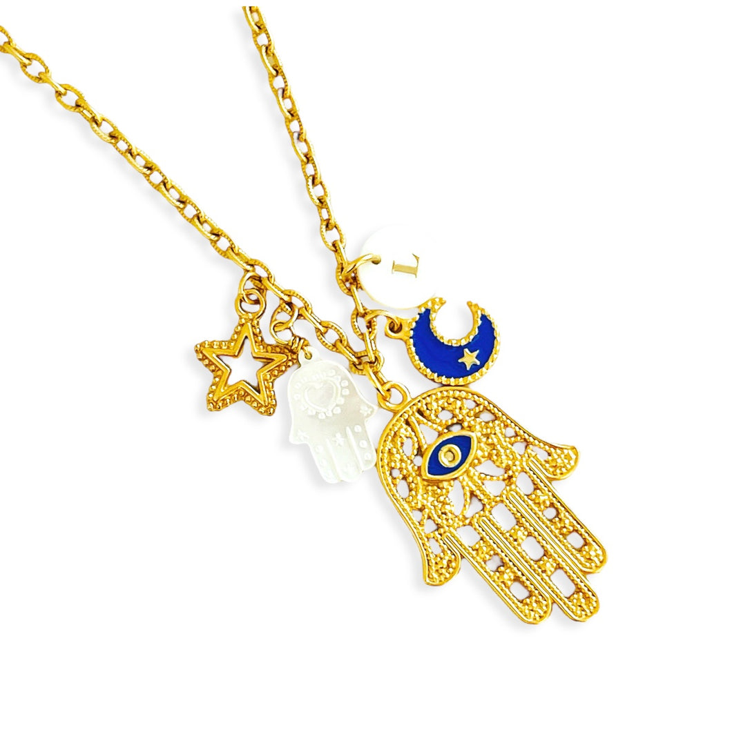 ONLY 3 LEFT!!! Hamsa 🪬 with Moon 🌙 Charm with Evil Eye 🧿 & Star 🌟 Charms✨ Short Necklace 16”-18” ✨ Choose Initial Below ⬇️