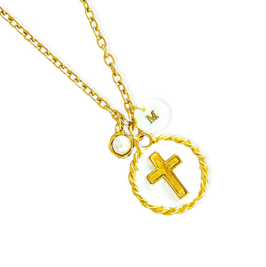 Cross with White Enamel with CAMILA Chain ✨Short Necklace 16”-18”✨ & FreshWater Shell Initial with Gold Lettering ✨ Choose Initial Below ⬇️